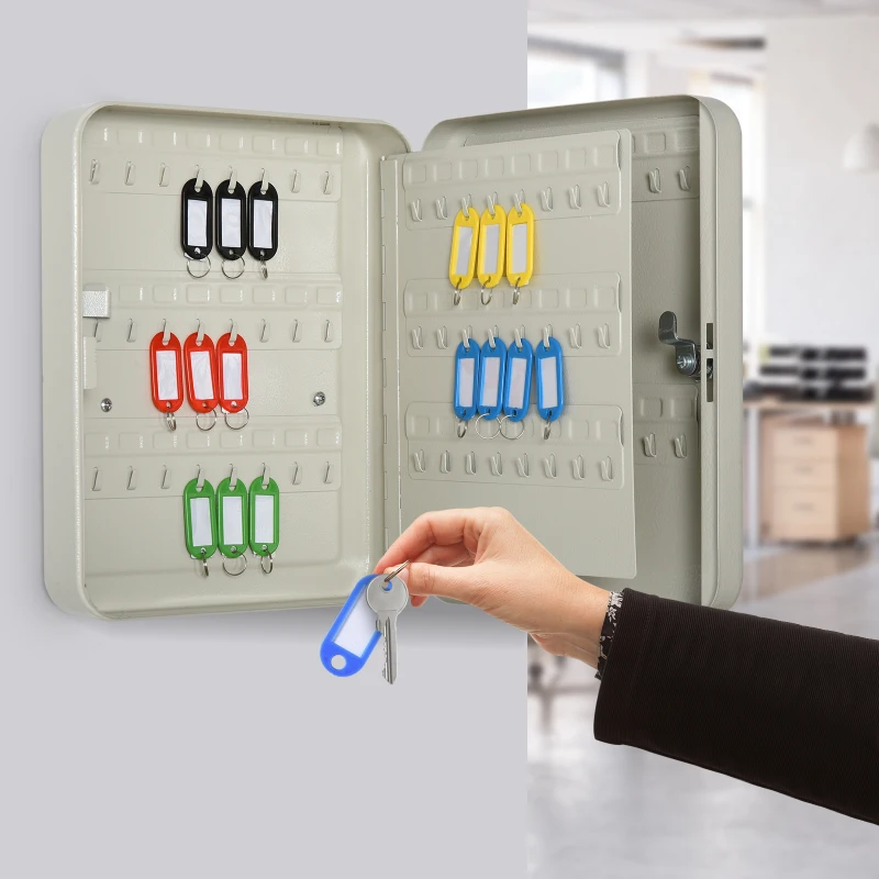 HOMCOM Armario de Llaves Caja de Seguridad para Llaves Bloqueable con 93 Ganchos y Etiquetas 2 Cerraduras Accesorios de Montaje Incluidos 30x24x7,5 cm Beige