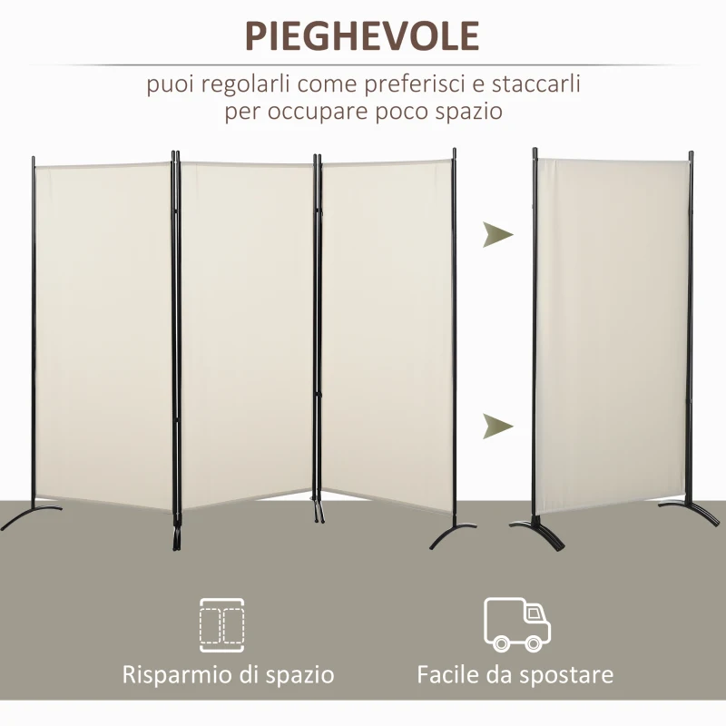 HOMCOM Paravento Separé da Interno a 3 Pannelli Pieghevole in Metallo e Poliestere, 253x50x182cm, Beige