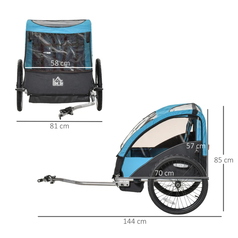 HOMCOM Child Bike Trailer Foldable 2-Seat Baby Transport Carrier with Storage Bag Five-point Safety Harness Hitch Coupler Blue
