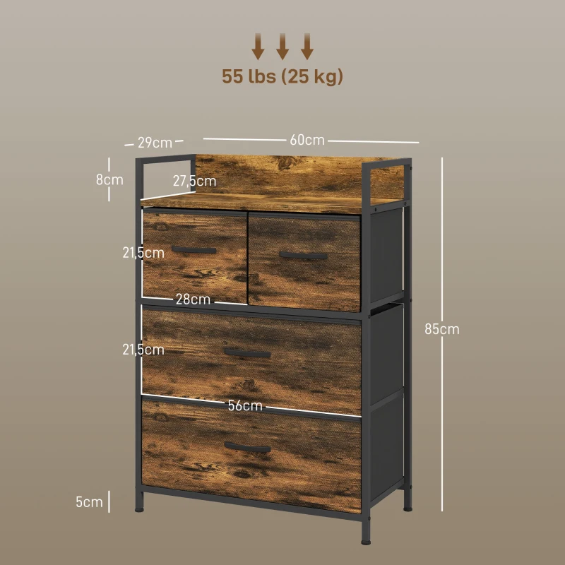 HOMCOM Cajonera de Tela con 4 Cajones Plegables y Marco de Acero Estilo Industrial para Salón 60x29x85 cm Marrón Rústico