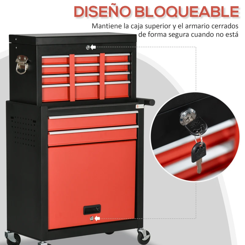DURHAND Carro de Taller para Herramientas con Ruedas 6 Cajones Armario con Cierre y Asa Lateral 70x33x108cm Negro y Rojo