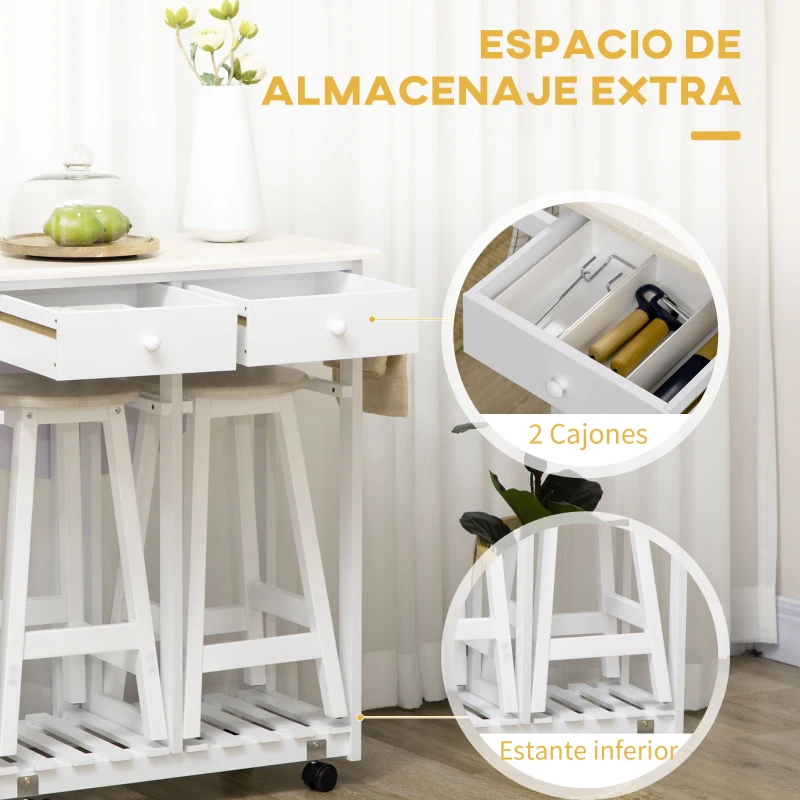 HOMCOM Carrito de Cocina de Madera con 2 Taburetes Mesa con Ruedas Ala Abatible Cajones y Estante 87x74x86 cm Blanco