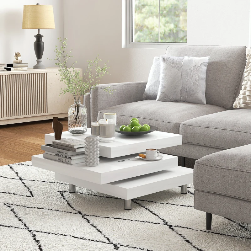 HOMCOM Tavolino da Caffè da Salotto e Studio, a 3 Livelli in MDF con 2 Piani Rotanti, 60x60x33.5 cm, Bianco
