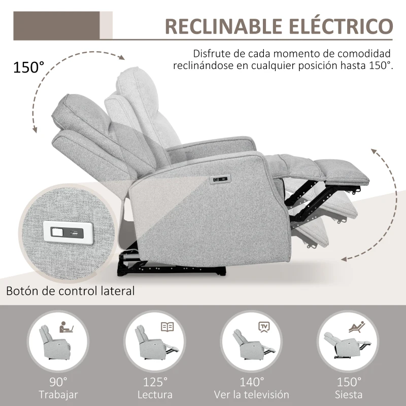 HOMCOM Sillón Relax de Salón Sofá Reclinable con Reclinación hasta 150° Reposabrazos y USB Carga 136 kg 84x92x104 cm Gris