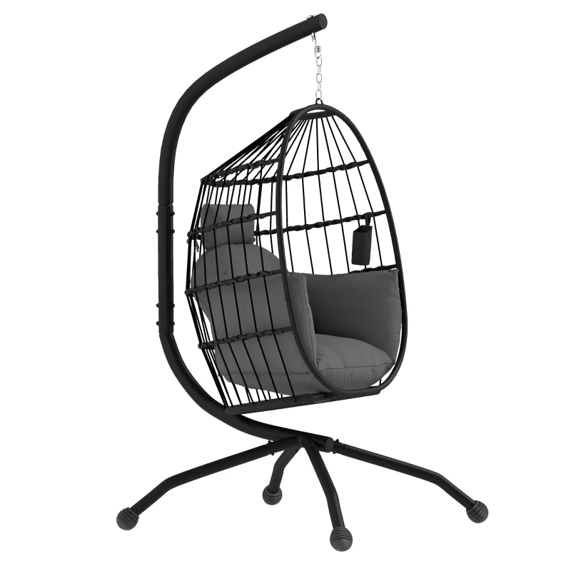 Outsunny Buitenhangstoel met inklapbare korfzitting en dikke kussens, standaard, hoofdsteun, bekerhouder, Zwart