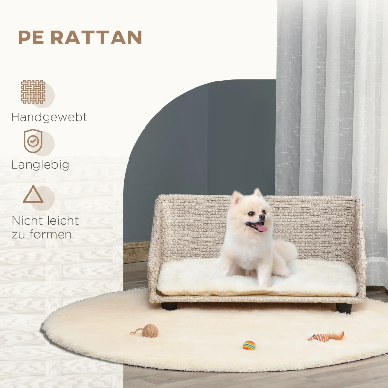 PawHut Haustiersofa Hundebett Rattan mit Kissen vier Füßen Haustierbett Katzenbett Hundekorb Hundesofa für kleine Hunde Hellgrau+Weiß 70,5 x 40 x 37,5 cm