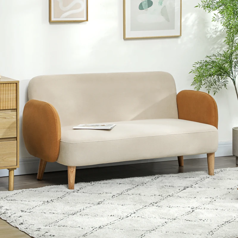 HOMCOM Divano 2 Posti Stile Nordico in Tessuto Effetto Velluto e Legno, 138x73x74 cm, Crema e Arancione
