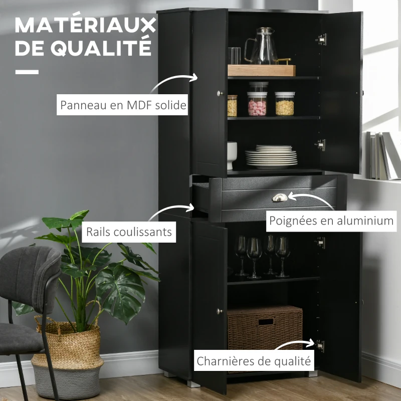 HOMCOM Buffet de cuisine armoire de cuisine contemporaine multi-rangements 4 portes + grand tiroir dim. 76,2L x 40P x 184H cm MDF noir