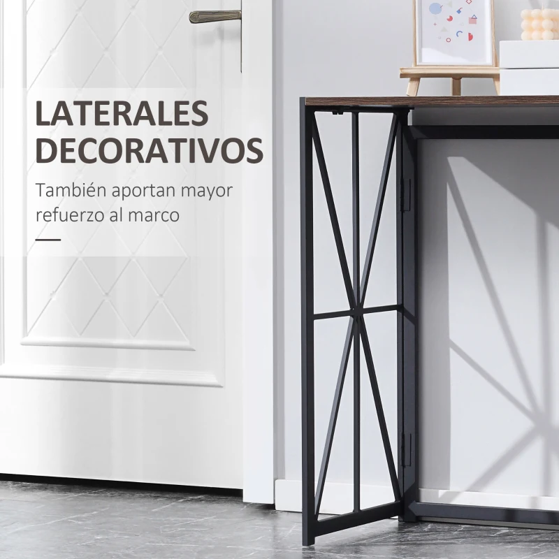 HOMCOM Mesa Consola de Entrada de Estilo Industrial con Marco de Metal Plegable y Encimera de Madera 100x38x80 cm Marrón