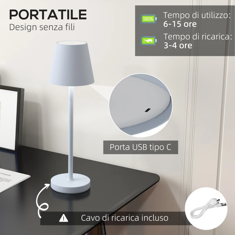 HOMCOM Lampada da Tavolo Portatile in Acrilico e Metallo da 3600mAh con Cavo di Ricarica, Ø11.2x36.5 cm, Grigio