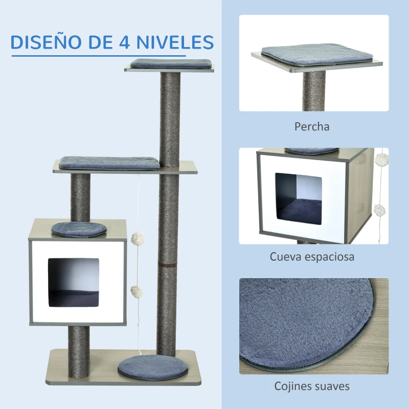 PawHut Árbol Rascador para Gatos de Madera 71,5x49,5x120 cm Torre de Gato con Cueva Plataformas Postes Rascadores Cojines Gris