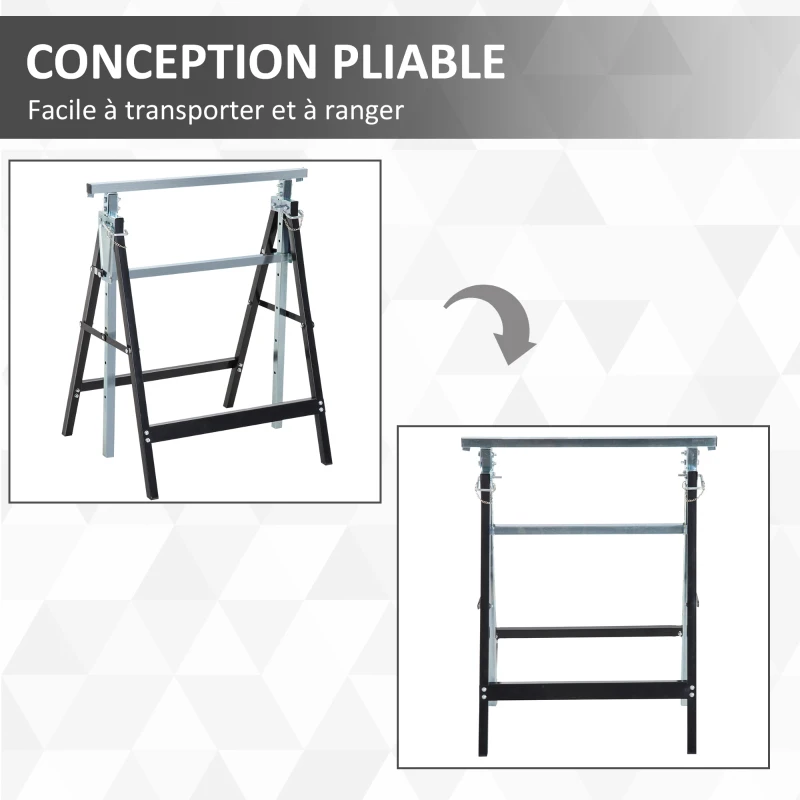 HOMCOM Lot de 2 tréteaux pliables télescopiques hauteur réglable 80-130 cm noir