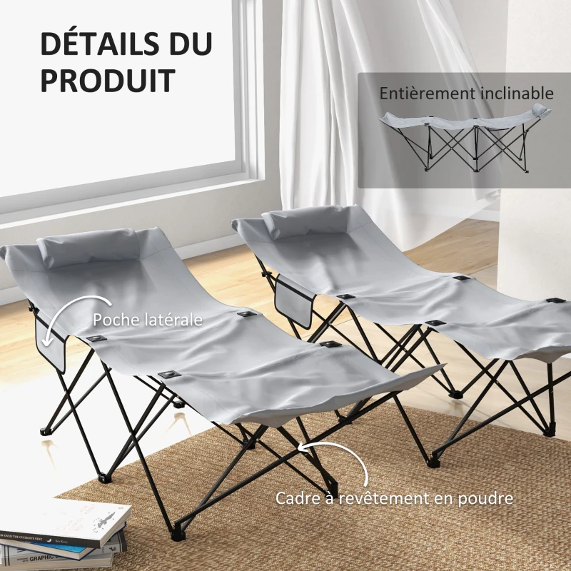 Outsunny Lot de 2 Bains de soleil transats pliables chaises longues avec poche latérale, appui-tête en Oxford gris