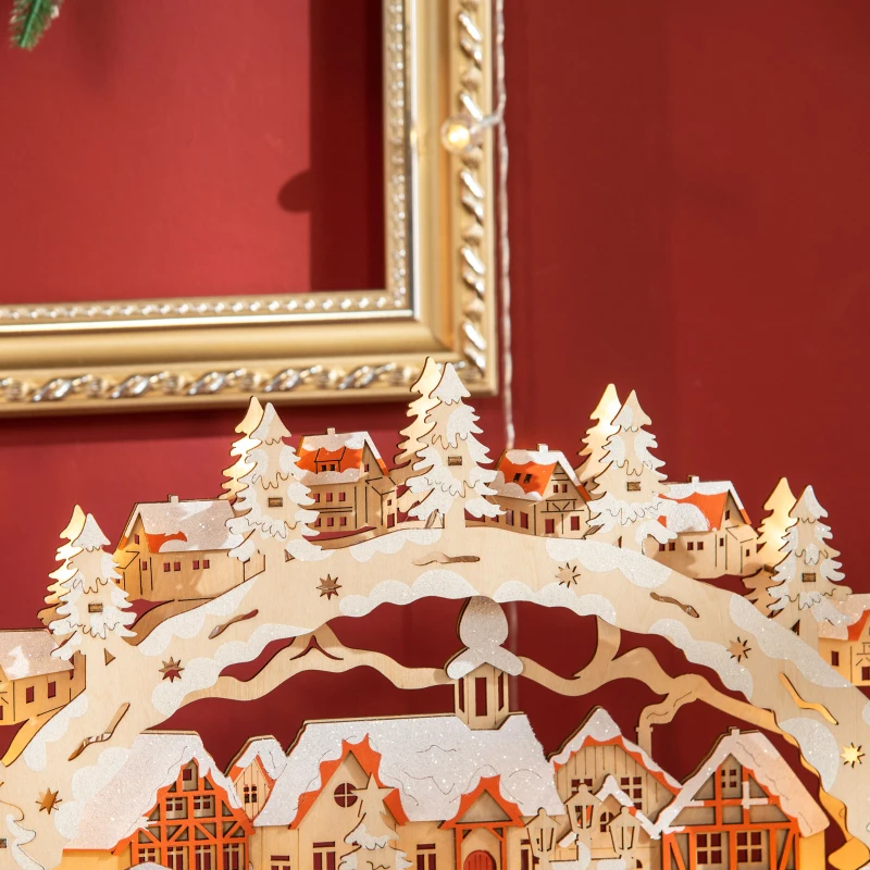 HOMCOM Escena Navideña con 12 Luces Pueblo Navideño Iluminado Decoración de Navidad de Sobremesa 45x7x28 cm Natural