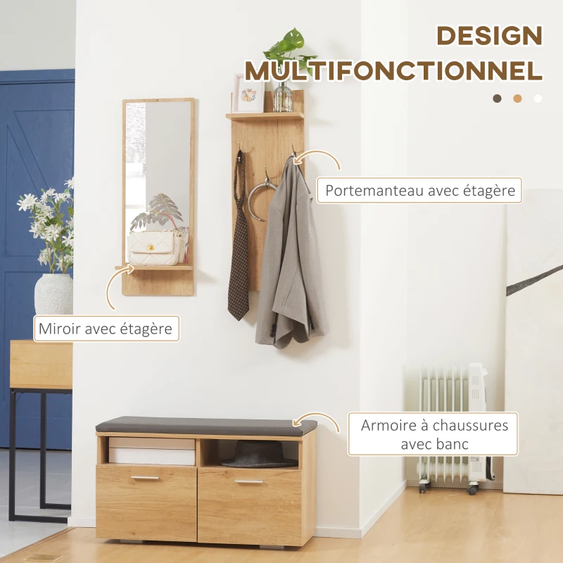 HOMCOM Ensemble de meuble d'entrée vestiaire d'entrée, 1 miroir avec étagère, 1 porte-manteau avec étagère, 1 banc à chaussures