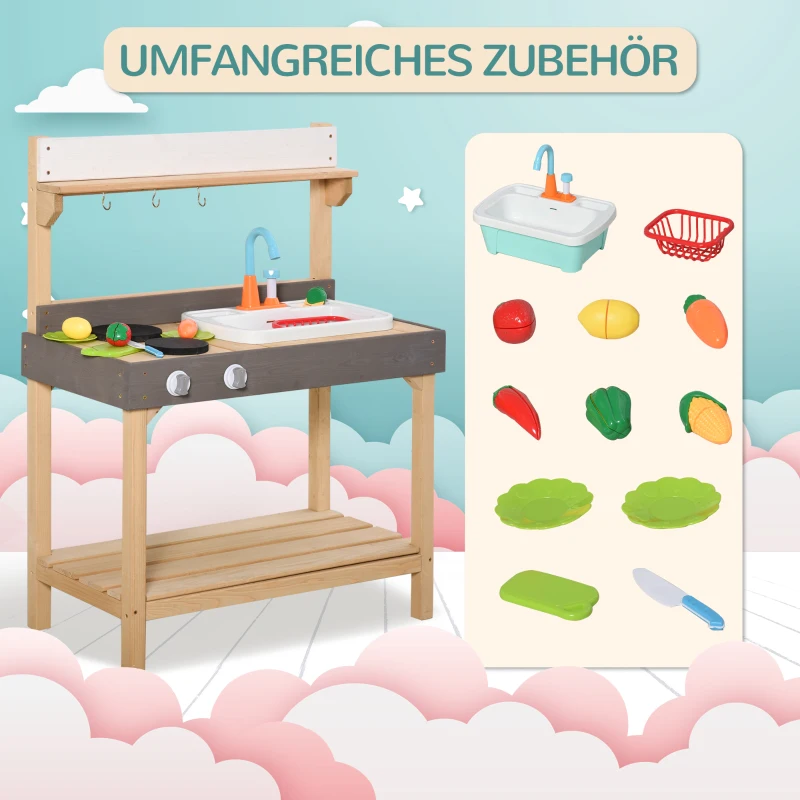 Outsunny Matschküche mit Wasserhahn Kinderküche mit Zubehör 14-Teilige Spielküche Spielzeugküche Holz Kunststoff Natur+Grau+Weiß 75 x 40 x 100 cm