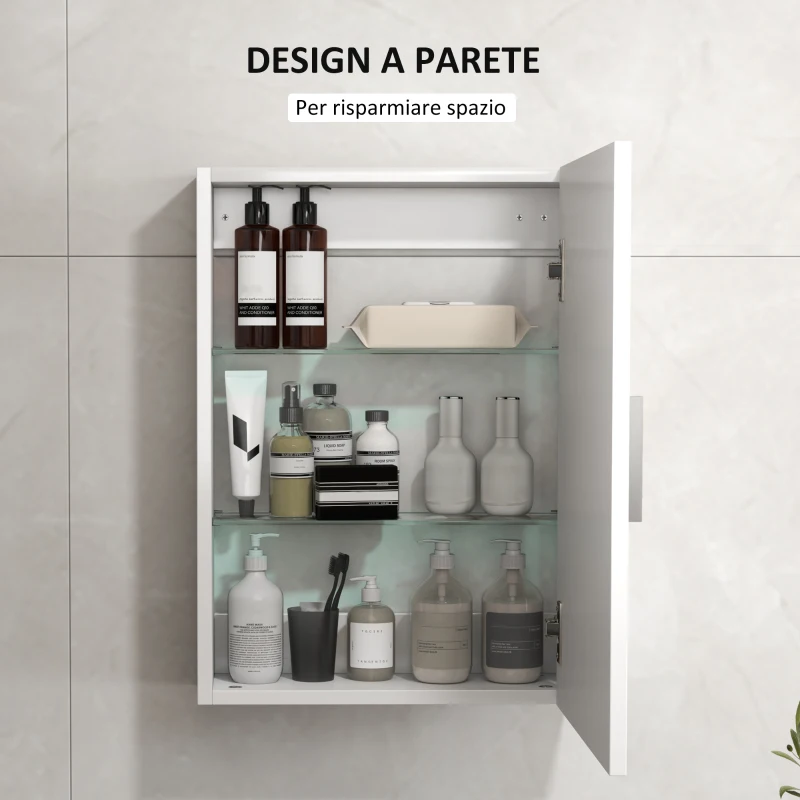 HOMCOM Armadietto Bagno da Parete in Legno con 3 Ripiani Regolabili in Vetro su 3 Livelli, 40x15x55 cm, Bianco