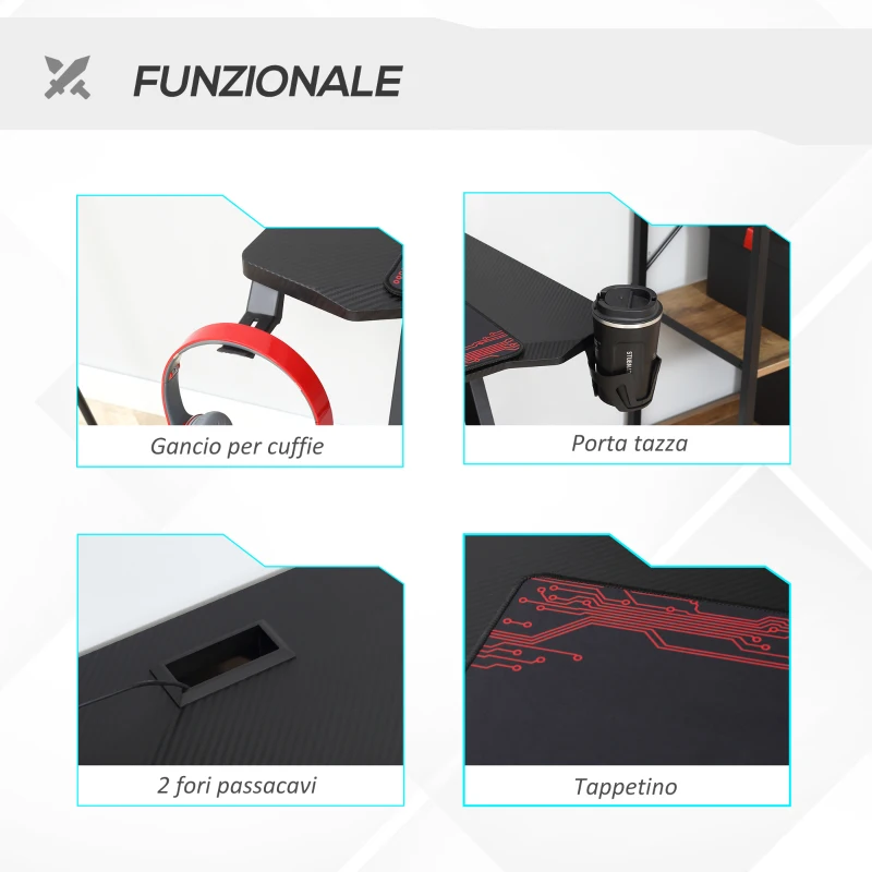 HOMCOM Scrivania Gaming Moderna con Tappetino Mouse Maxi e Accessori, 120x58x75cm - Rosso e Nero