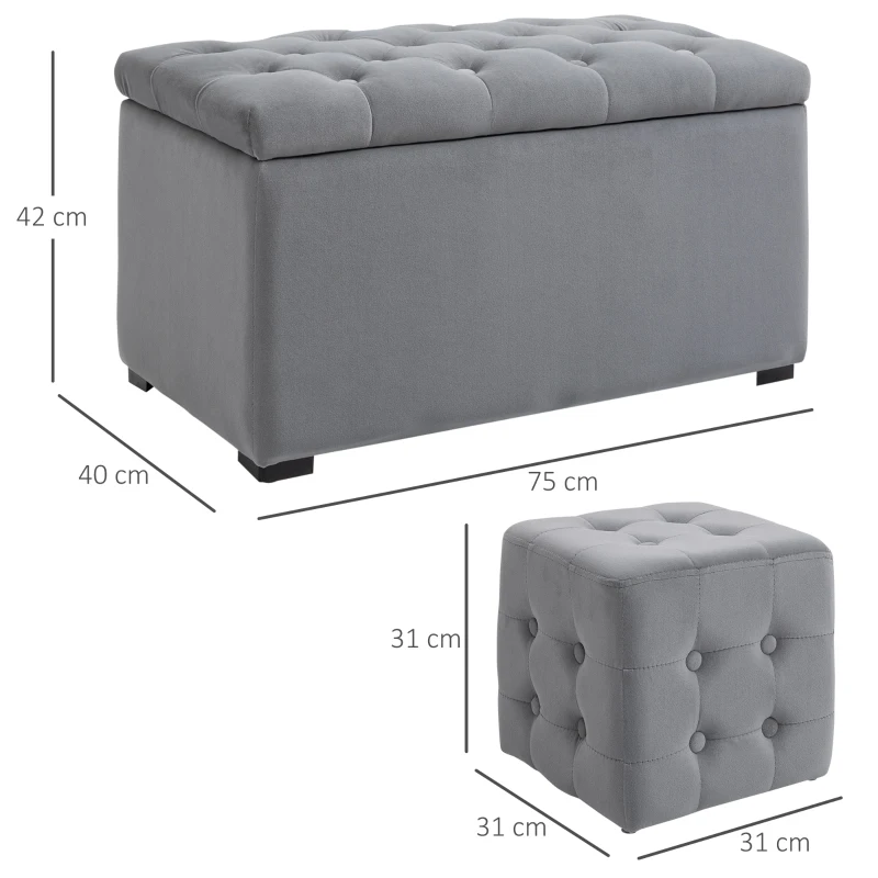 HOMCOM 3-teiliges Set mit Stauraum, 2 x Sitzhocker, Polster-Sitztruhe, Fußhocker, Aufbewahrungsbox, Fußablage, belastbar bis 130 kg, Mikrofaserstoff, Schaumstoff, 75 x 40 x 42 cm, Hellgrau
