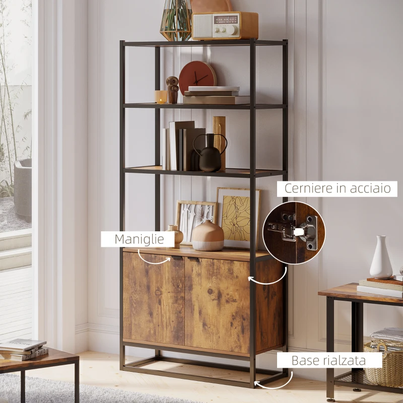 HOMCOM Scaffale Libreria in Stile Vintage con 3 Ripiani, 1 Armadietto in Legno e Telaio in Metallo Nero 76x33x162.5cm