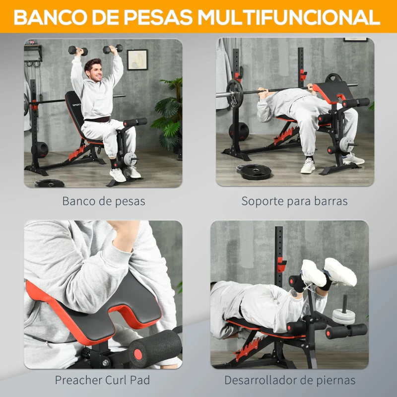 SPORTNOW Banco de Musculación Multifuncional con Respaldo Reclinable y Soporte de Barras Altura Ajustable 180x110x126 cm Negro