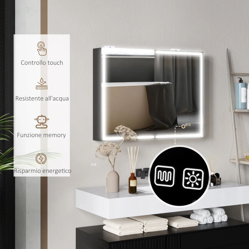 HOMCOM Armadietto a Specchio d Bagno con Luci LED e Ripiani Regolabili, in Vetro e Alluminio, 80x12.8x60 cm, Nero