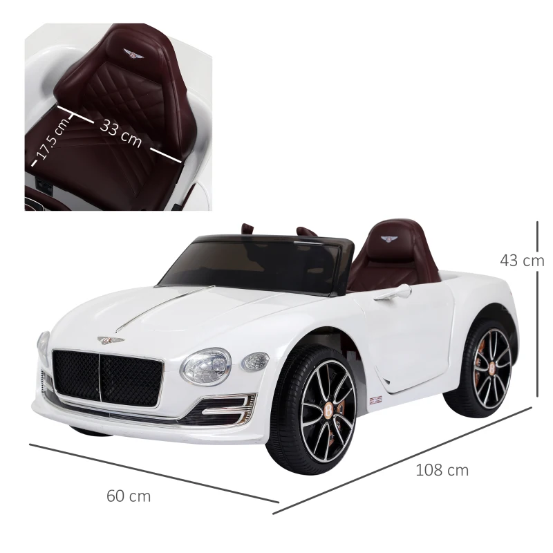 HOMCOM Macchina Elettrica per Bambini Bentley GT 6V, con Doppi Motori, Auto Elettrica per Bambini con Telecomando, Clacson, Suoni, Fari e 2 Portiere Apribili, 2.5-5 km/h, per 3-5 Anni, Bianco