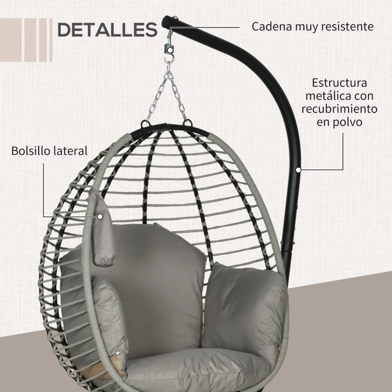 Outsunny Silla Colgante con Soporte Cesta Plegable Cojín y Reposacabezas para Interior y Exterior Carga 120 kg Gris y Negro