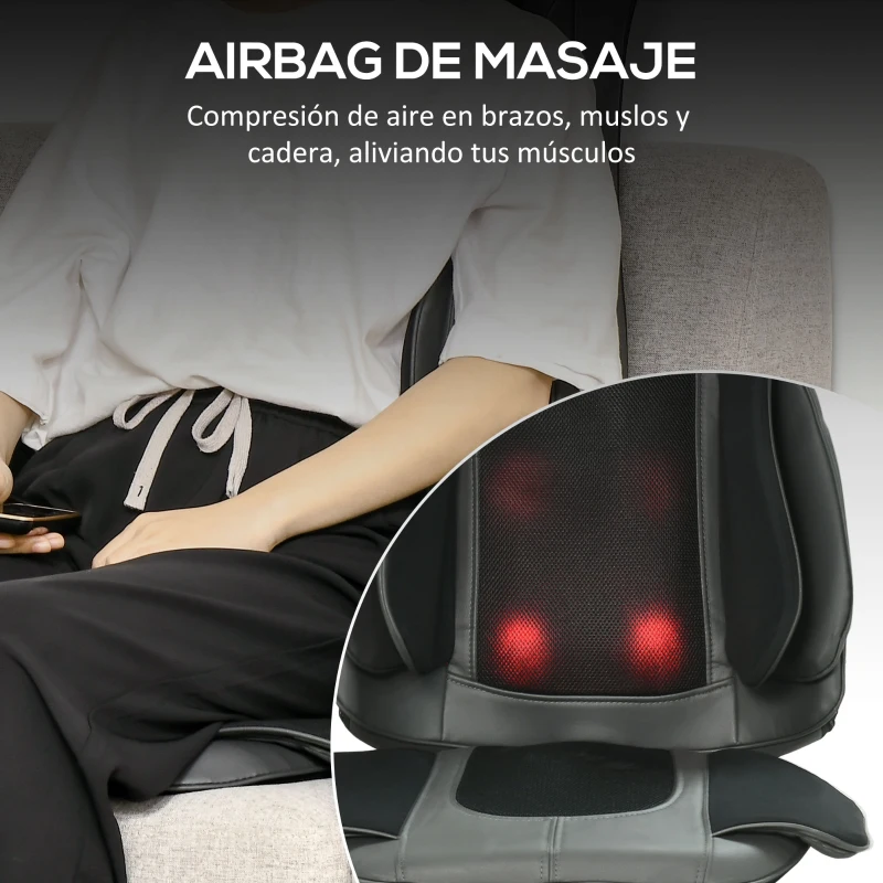 HOMCOM Masajeador de Asiento con Calor Cojín de Asiento de Masaje Shiatsu con Mando a Distancia 52x39x78 cm Negro