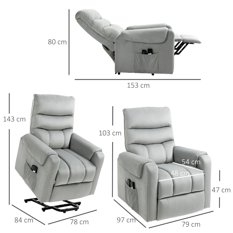 HOMCOM Poltrona Relax Reclinabile a 135°, Massaggiante e Alzapersona con Telecomando, 79x97x103cm, Grigio