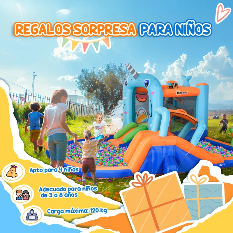 Outsunny Castillo Inflable para Niños con Tobogán Trampolín Piscina Inflador y Bolsa de Transporte 420x370x230 cm Multicolor