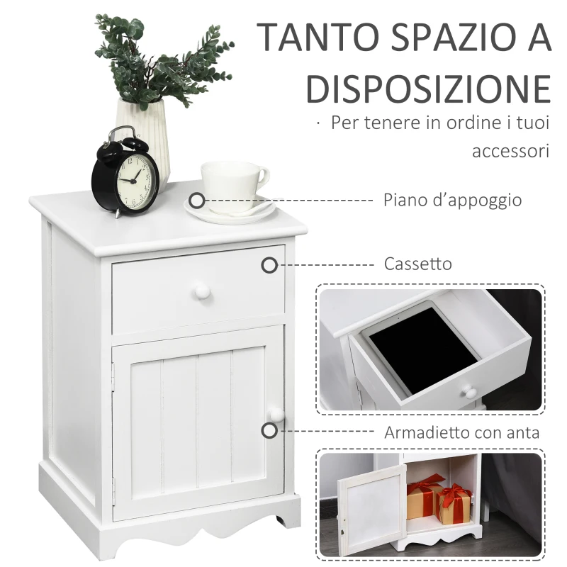 HOMCOM Set 2 Comodini in Legno Bianco con 1 Cassetto e 1 Armadietto in Stile Rétro per Camera da Letto, 35x30x49cm