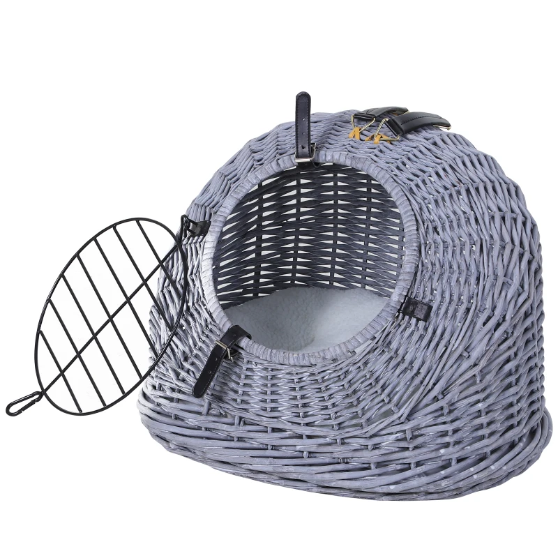 PawHut Cestino per Gatti Fino 5Kg in Vimini, Trasportini Gatti Vimini, Naturale Grigio con Cuscino Incluso (47cm x 35cm x 35cm)
