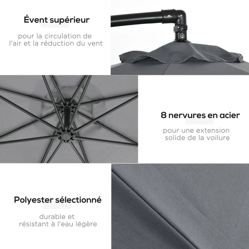 Outsunny Parasol déporté parasol de jardin Ø3 x 2,6 cm avec manivelle pied en croix 8 baleines et frange gris