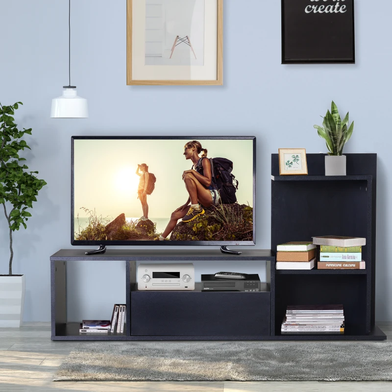 HOMCOM Meuble TV design contemporain multi-rangements grand plateau 3 niches 2 étagères tiroir mélaminé noir mat