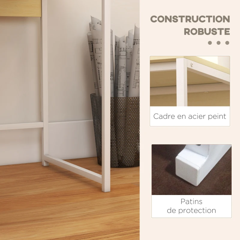 HOMCOM Bureau avec étagère de rangement et 2 tiroirs style moderne effet bois naturel et métal blanc - 106L x 50D x 89H cm