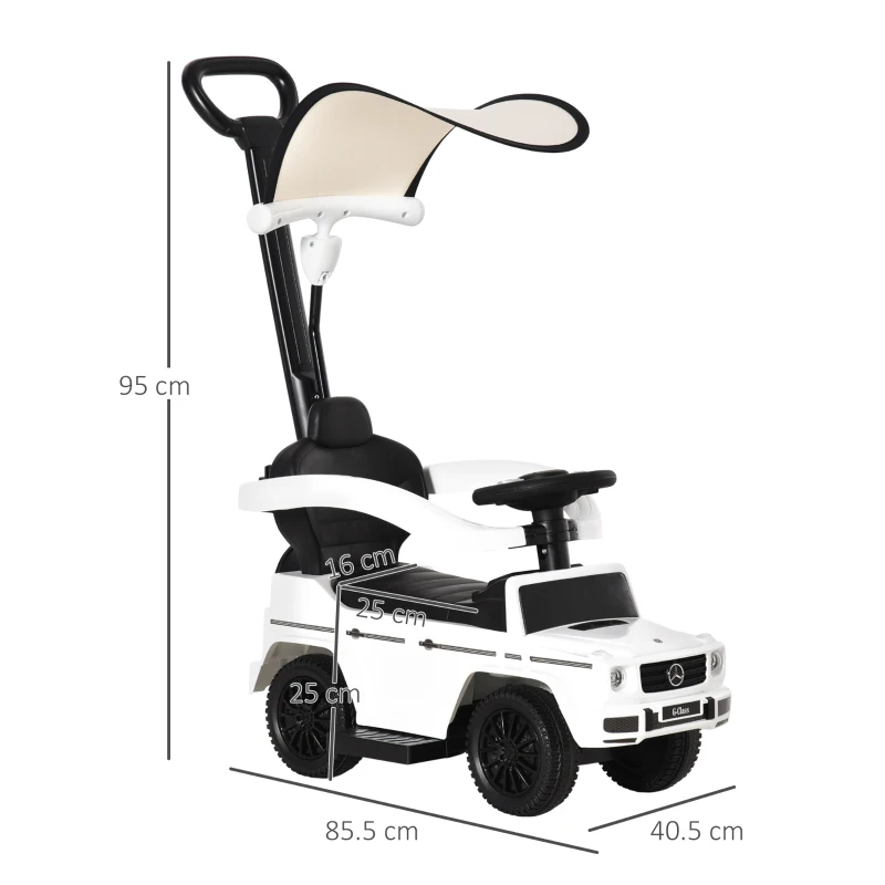HOMCOM Macchina a Spinta per Bambini 12-36 Mesi con Licenza Mercedes, Tettuccio e Maniglia di Spinta, 85.5x40.5x95 cm, Bianco