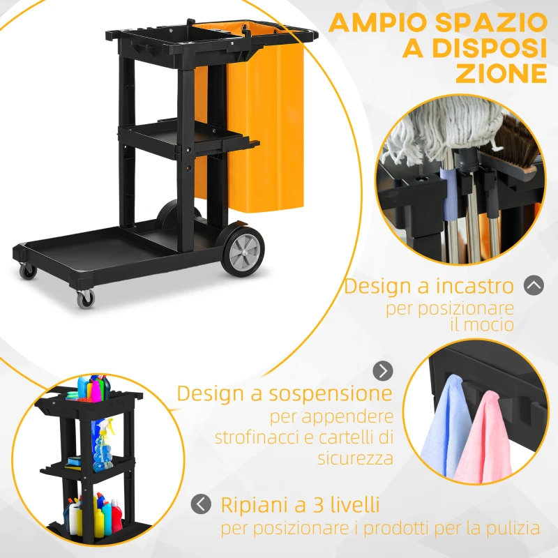 HOMCOM Carrello Pulizie a 3 Ripiani con Ganci e Sacco da 100L, 121x50.5x96.5 cm, Nero Giallo e Grigio