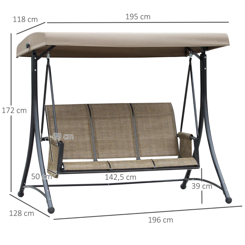 Outsunny 3-Sitzer Hollywoodschaukel, Gartenschaukel mit Sonnendach, Schaukelbank mit Ablage, Aluminium, 196 x 128 x 172 cm, Braun(m-3)