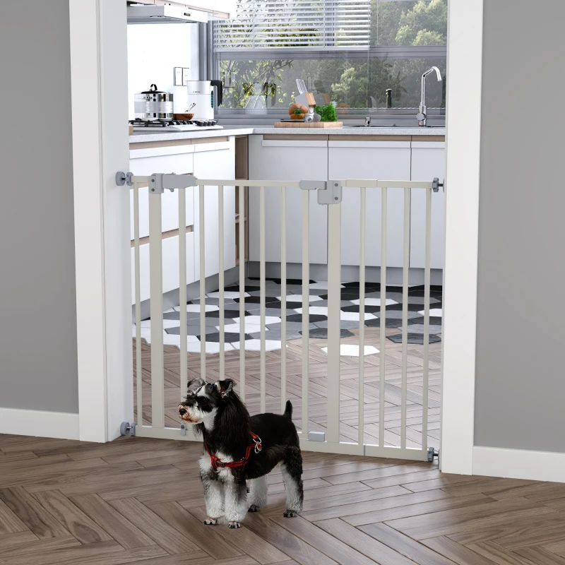 PawHut Puerta para Perros con Longitud Ajustable Sistema de Cierre Automático para Escaleras Pasillos 74-97,5x76,2 cm Blanco