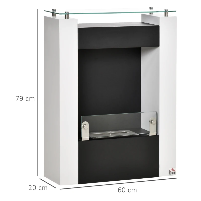 HOMCOM Cheminée bioéthanol brûleur 1,5 L avec plateau de rangement en verre trempé, 3 h de durée de combustion, Dims. 60*20*79cm, Contrôle de Flamme et Crochet Inclus - Acier Noir et Blanc