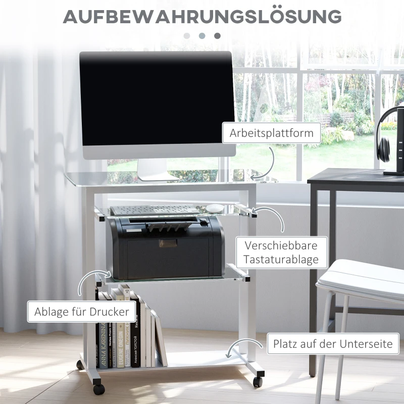 HOMCOM Computertisch Eckschreibtisch Winkelschreibtisch Schreibtisch Bürotisch PC moderner einfacher Stil Hartglas Eisenrohr Weiß 80 x 51 x 83 cm