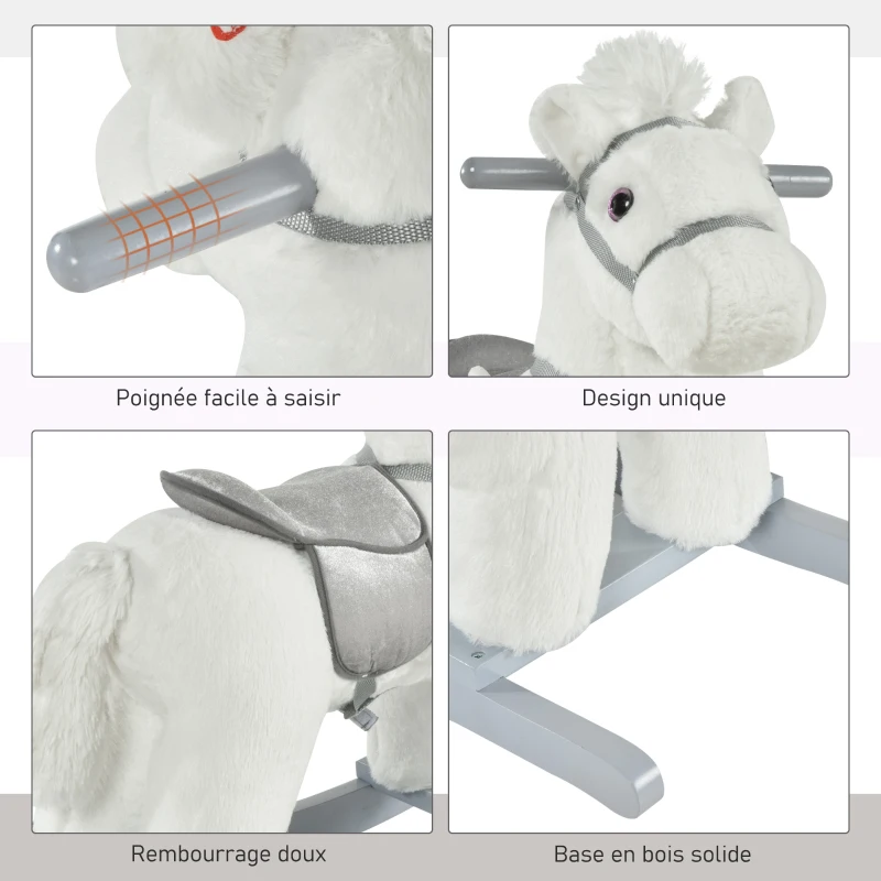 HOMCOM Cheval à bascule bébé de 18 à 36 mois en bois avec effet sonore ours en peluche gratuit 65 x 26 x 55 cm blanc