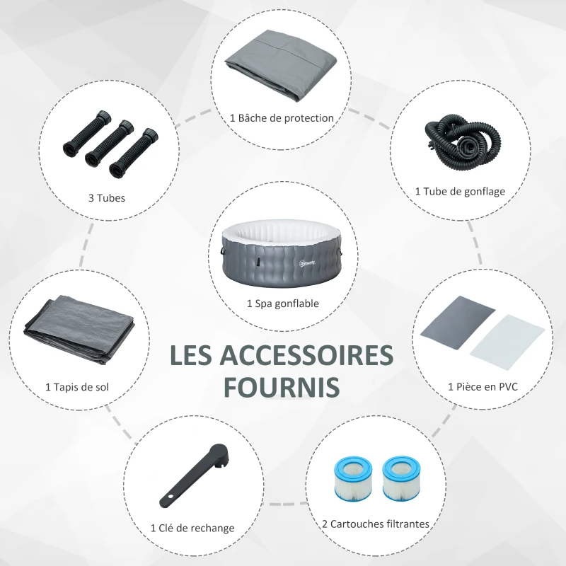 Outsunny Spa Gonflable Rond - 930 litres 108 Jets de Massage - 4 Personnes avec bâche, 2 Cartouches filtrantes - Liner PVC Blanc Gris