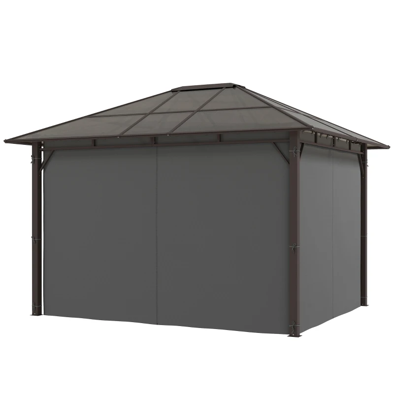Outsunny 3 x 3.6m Hardtop Gazebo Canopy with Polycarbonate Roof Garden Pavilion with Removable Curtains and Steel Frame, Dark Grey