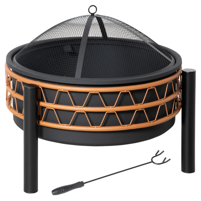 Outsunny 61cm Outdoor Fire Pit, Metal Round Firepit Bowl, Charcoal Log Wood Burner with Screen Cover, Poker for Patio, Black