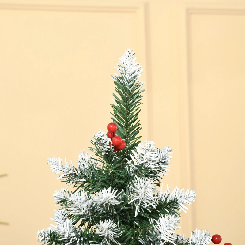 HOMCOM Albero di Natale Innevato Artificiale 180cm con Bacche Rosse e Pigne Bianche, Base Rimovibile Pieghevole, 618 Rami