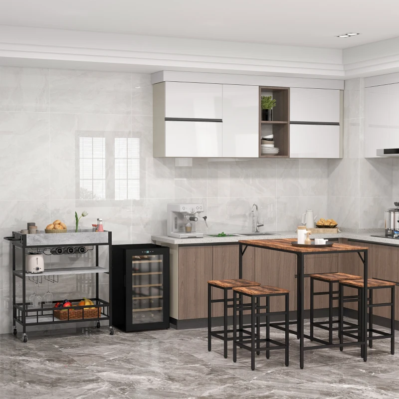 HOMCOM 5-Piece Breakfast Bar Table and Stools Set, Kitchen Bar Table Set with High Table and 4 Stools, Space Saving Compact Dining Furniture for Small Spaces, Rustic Brown