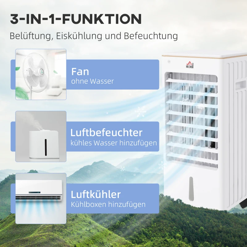 HOMCOM Luftkühler, mobil, mit Luftbefeuchtung, 3 Modi & Geschwindigkeiten, Timer, Weiß