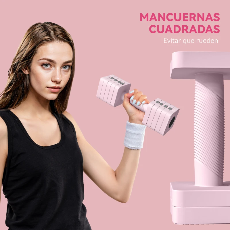 SPORTNOW Juego de Mancuernas 10 kg con Mango Antideslizante y Diseño Cuadrado para Entrenamiento en Casa Gimnasio Rosa